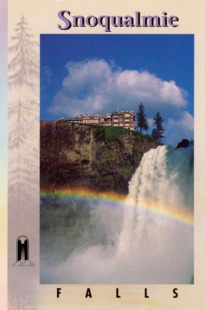 Salish Lodge and Snoqualmie Falls postcard with a rainbow