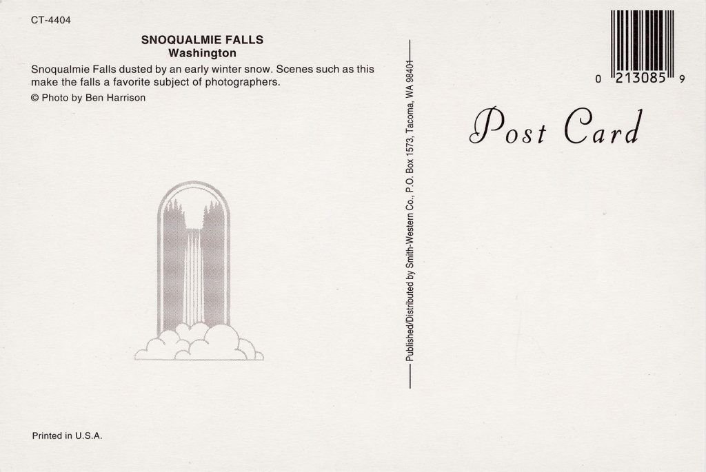 Back of Snoqualmie Falls Postcard of falls in winter