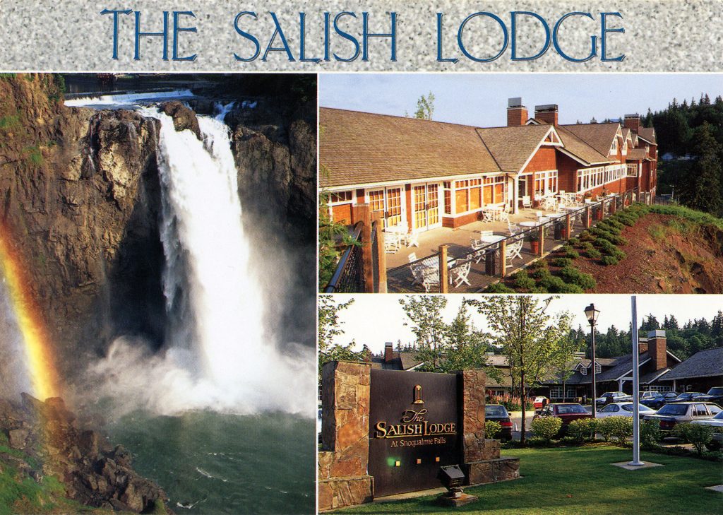 Postcard of The Salish Lodge with image collage of hotel and Snoqualmie Falls