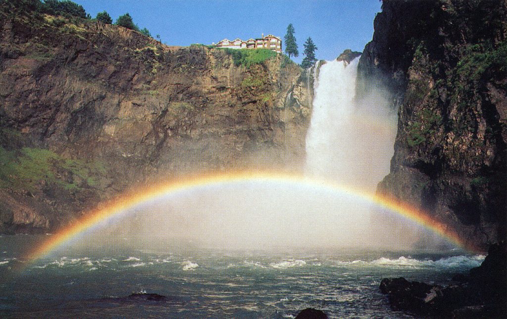 Snoqualmie Falls postcard with image of falls and rainbow