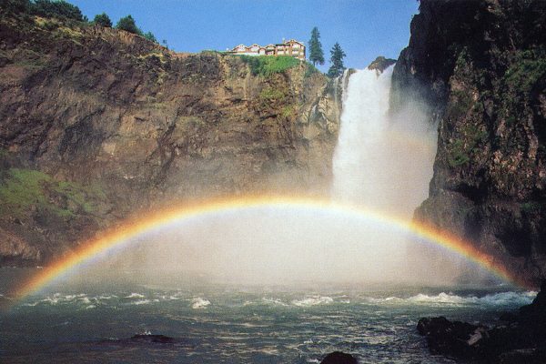 Snoqualmie Falls postcard with image of falls and rainbow