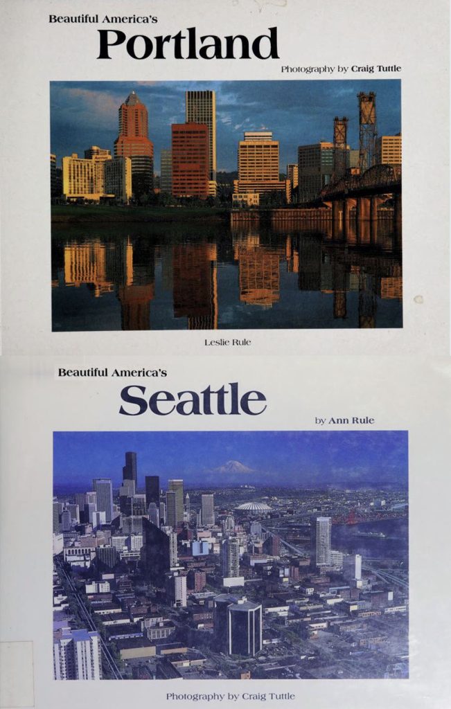 Two book covers featuring images of Portland, Oregon and Seattle, Washington