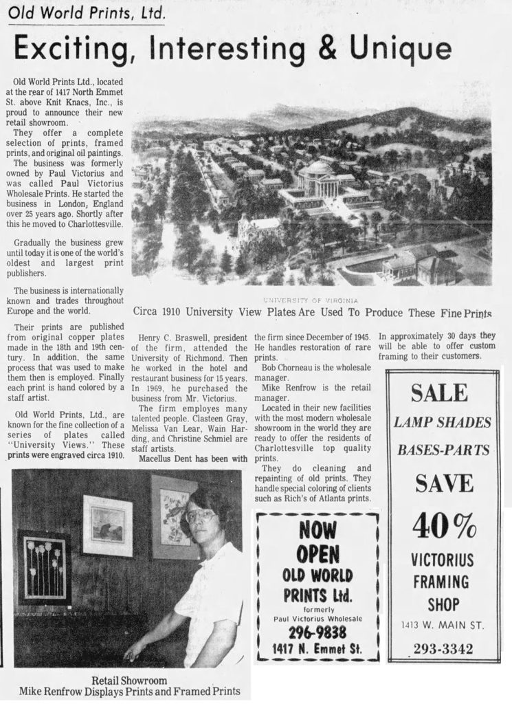 Newspaper article with black and white images of man in art gallery and aerial view of a university