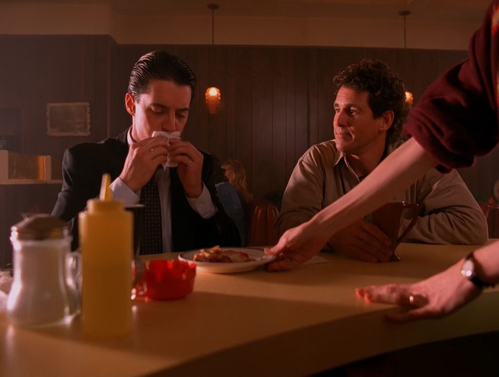 Agent Cooper and Sheriff Truman in the Double R Diner with Norma Serving Pie