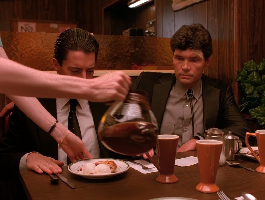 Agent Cooper and Big Ed Hurley at the Double R Diner while Norma Jennings serves coffee and pie