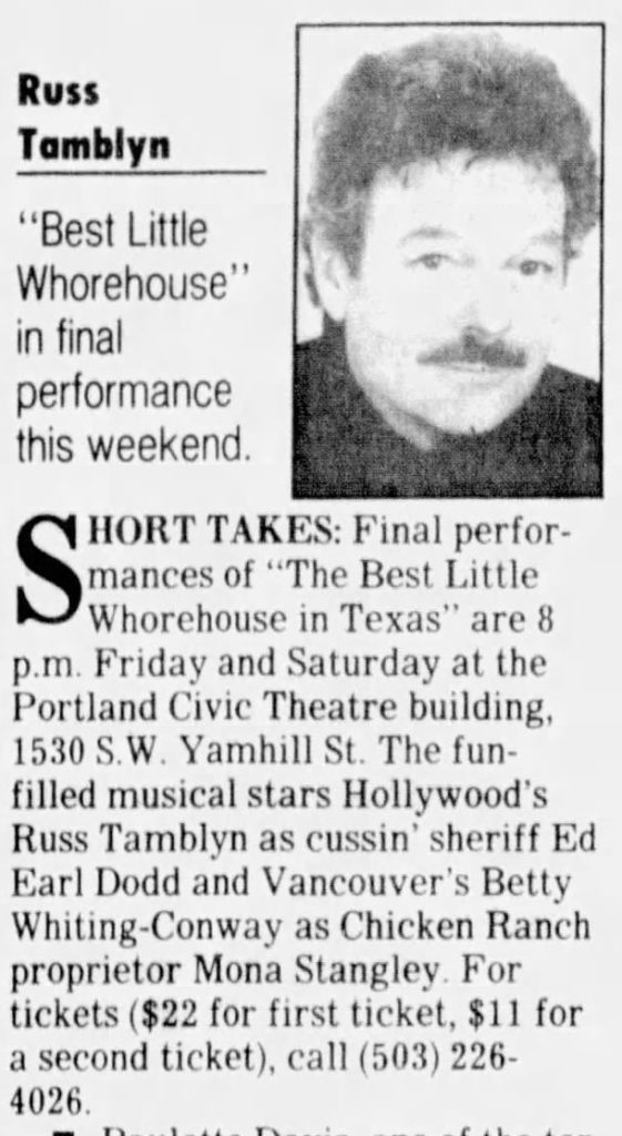 Image of Russ Tamblyn in an advertisement for "Best Little Whorehouse in Texas"