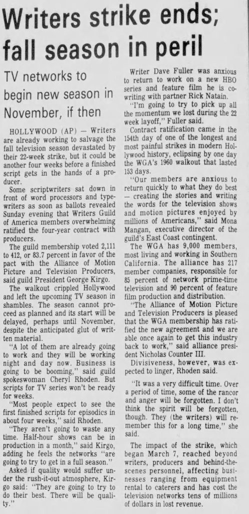 Newspaper article about the end of the Writers Strike