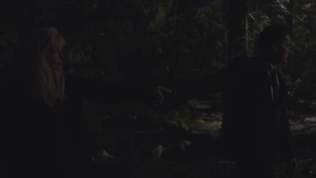 Cooper and Laura walking in the woods at night