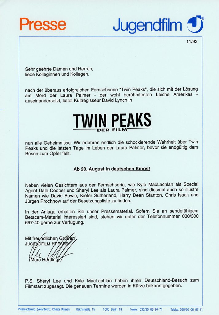 Press release from Germany for Twin Peaks - Der Film