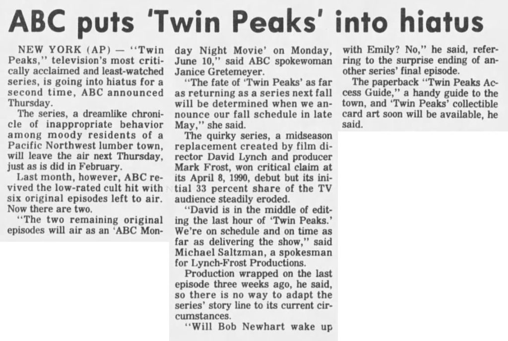 Newspaper article about Twin Peaks being put into hiatus