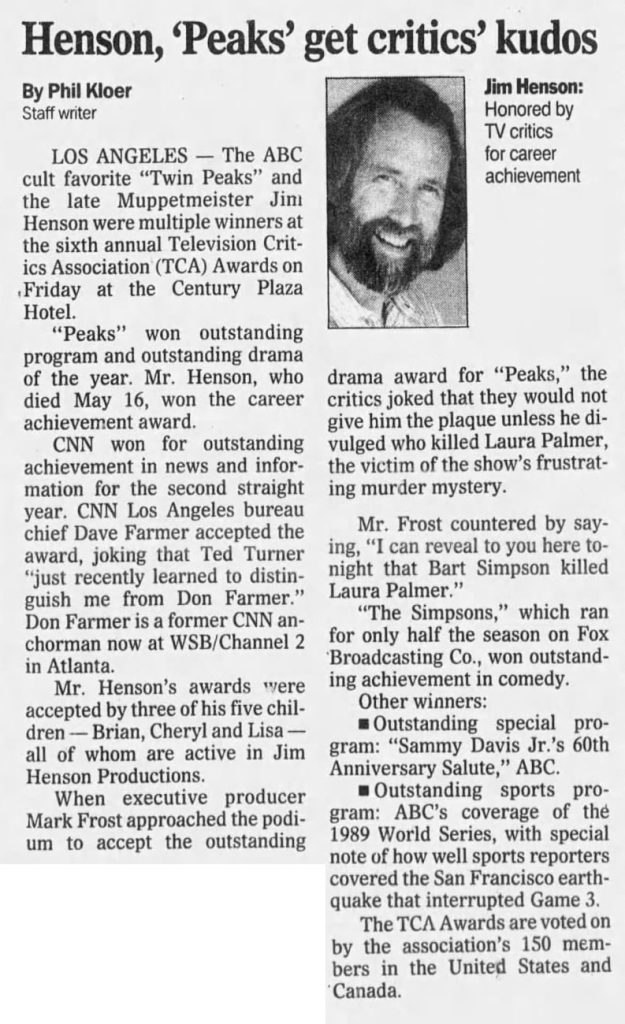 Newspaper article about Twin Peaks and Jim Henson