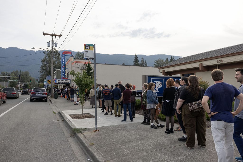 Line down the street outside North Bend Theatre