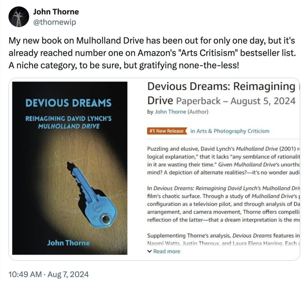 Tweet from John Thorne about Devious Dreams book