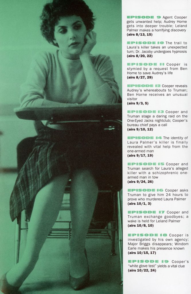 Audrey Horne at desk with television listings