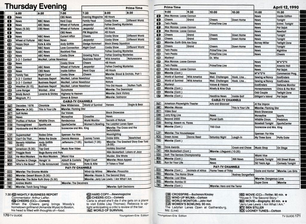 TV listings in TV Guide, April 7, 1990