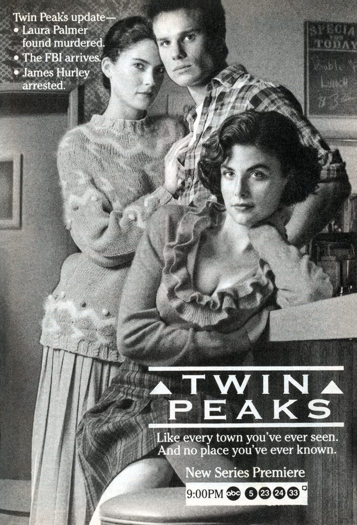 Black and White Advertisement with Donna Hayward, James Hurley, and Audrey Horne