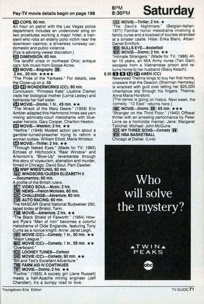 Black and white advertisements for Twin Peaks next to TV synopsis