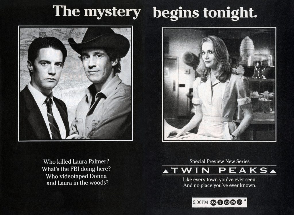 Black and white advertisements for Twin Peaks