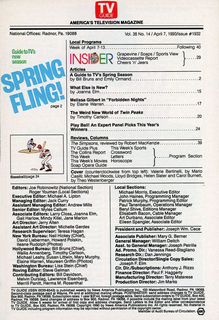 TV Guide, April 7, 1990 Table of Contents