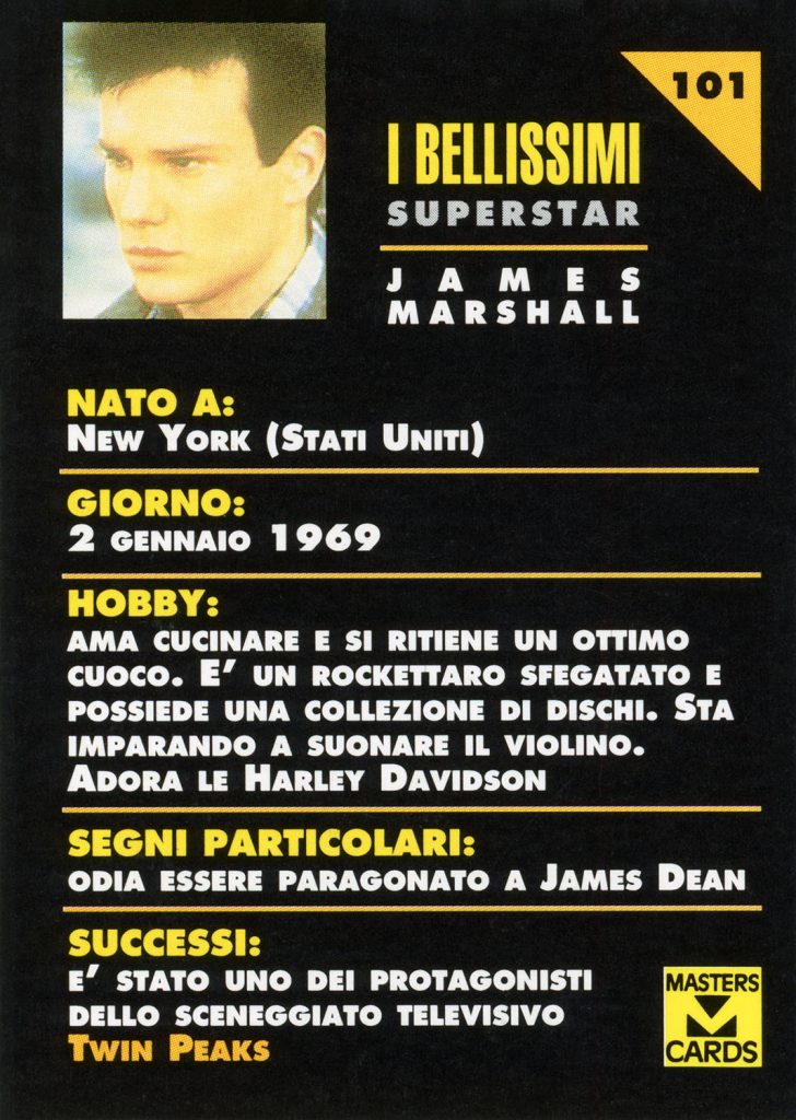 Back of Italian trading card of James Marshall