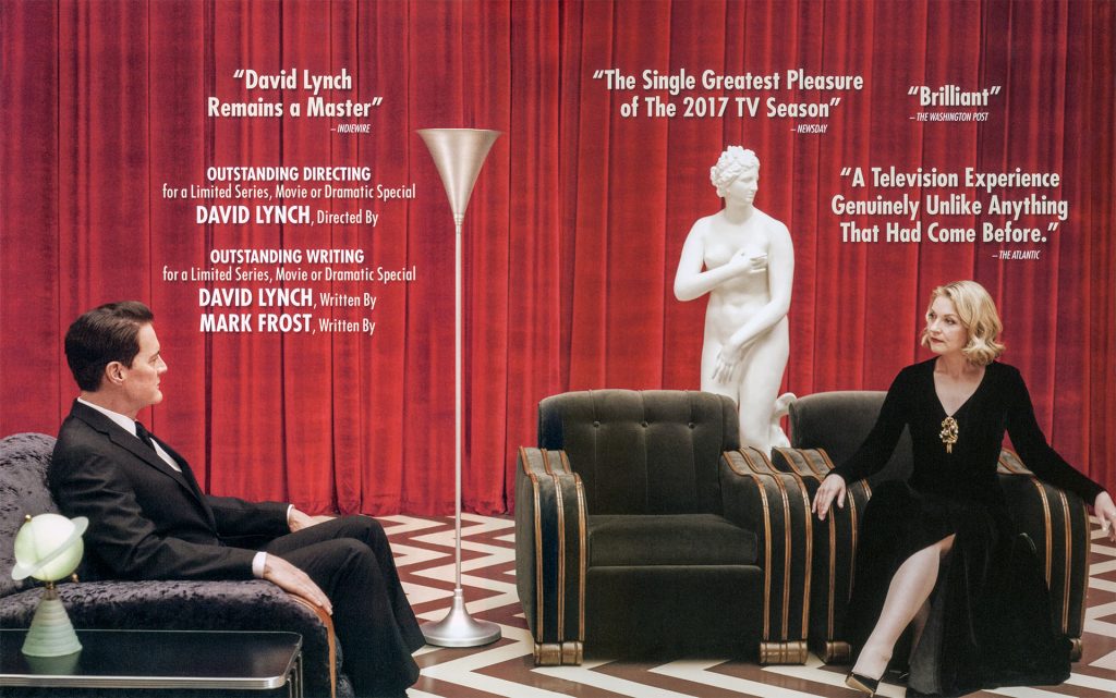 Agent Cooper and Laura Palmer in the Red Room with critic quotes