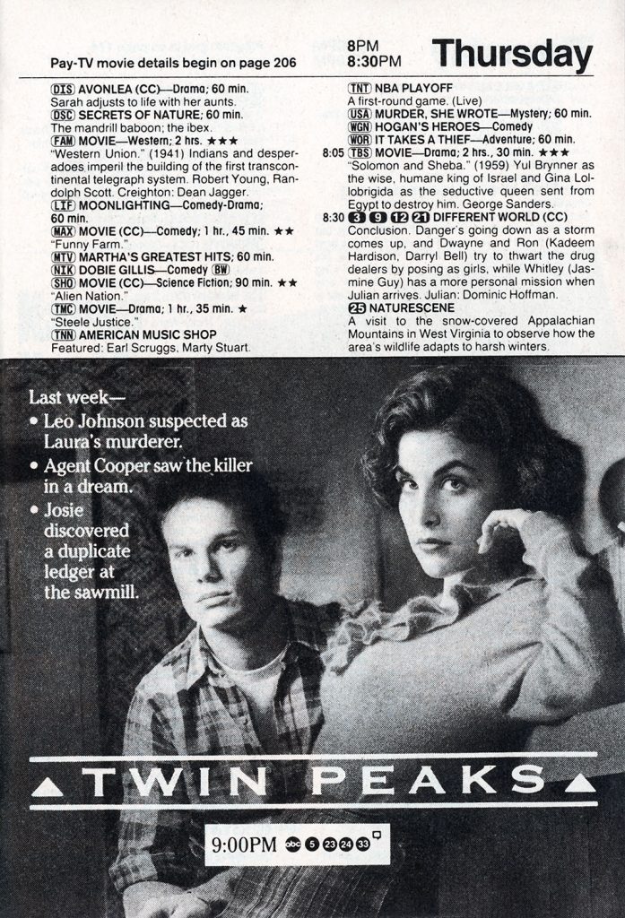 Black and White ad featuring James Hurley and Audrey Horne at the Double R Diner