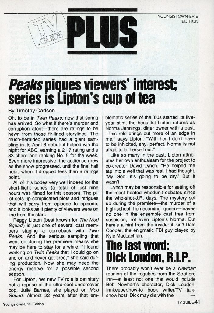 Article in TV Guide about Twin Peaks and Peggy Lipton