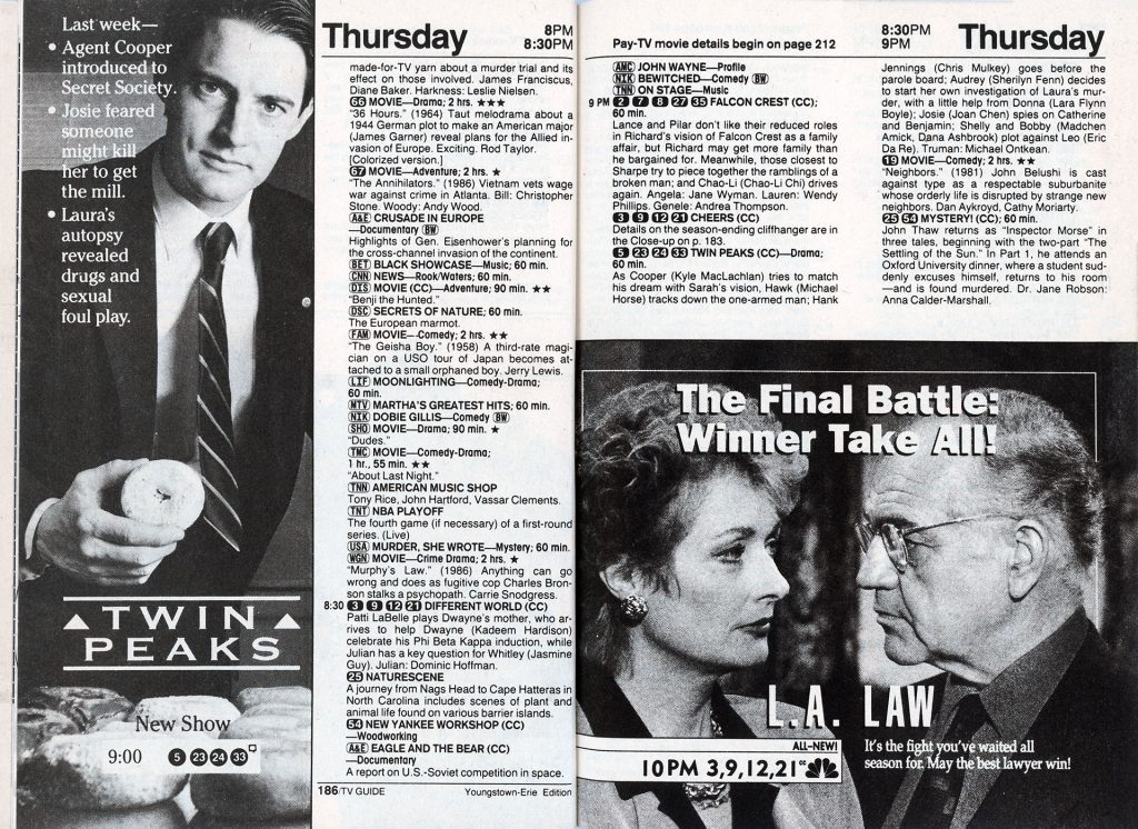 Twin Peaks advertisement with Agent Cooper and television show synopsis