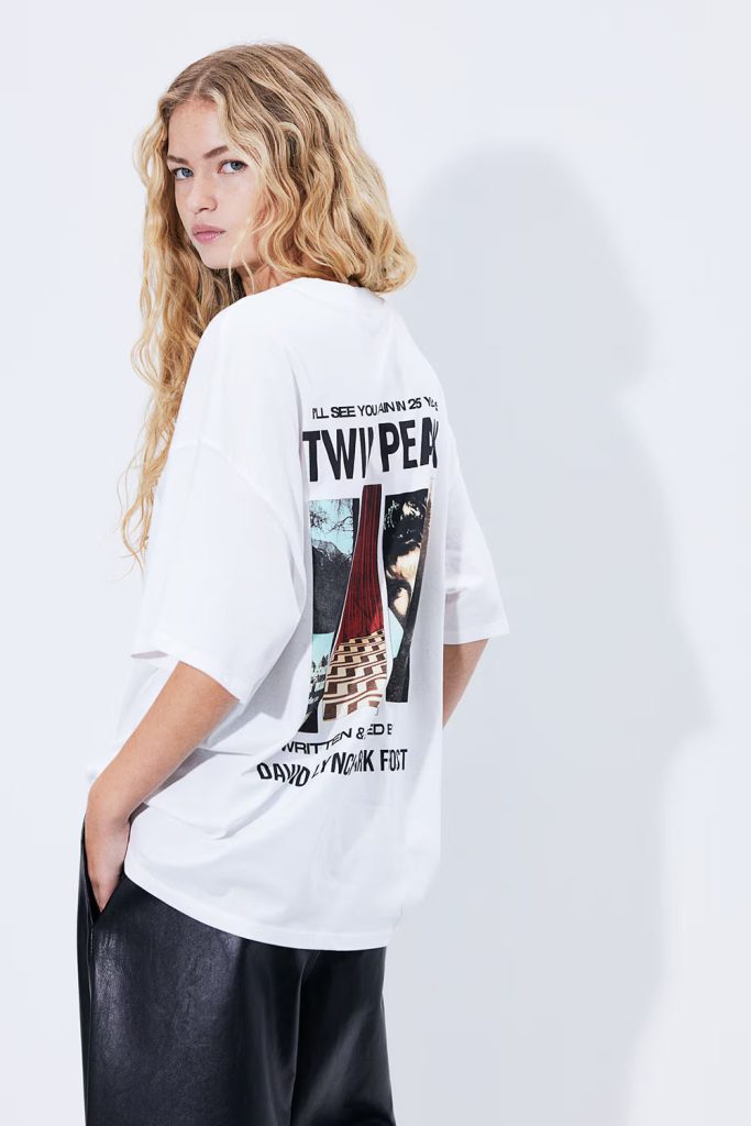 Blonde model wearing Twin Peaks t-shirt