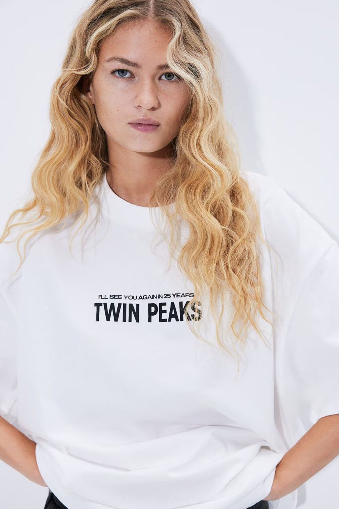 Blonde model wearing Twin Peaks t-shirt