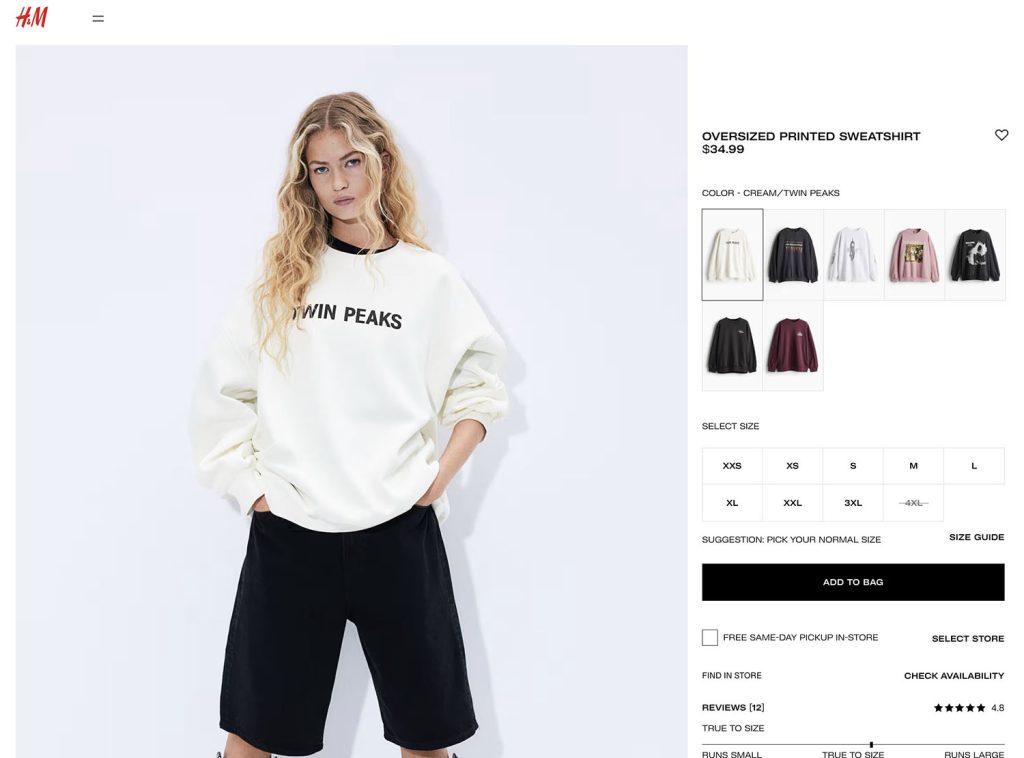 Webpage of Blonde model wearing Twin Peaks sweatshirt