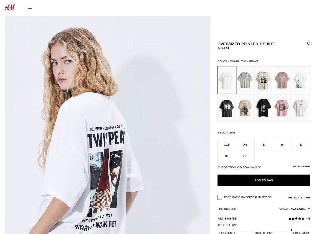 Webpage of Blonde model wearing Twin Peaks t-shirt