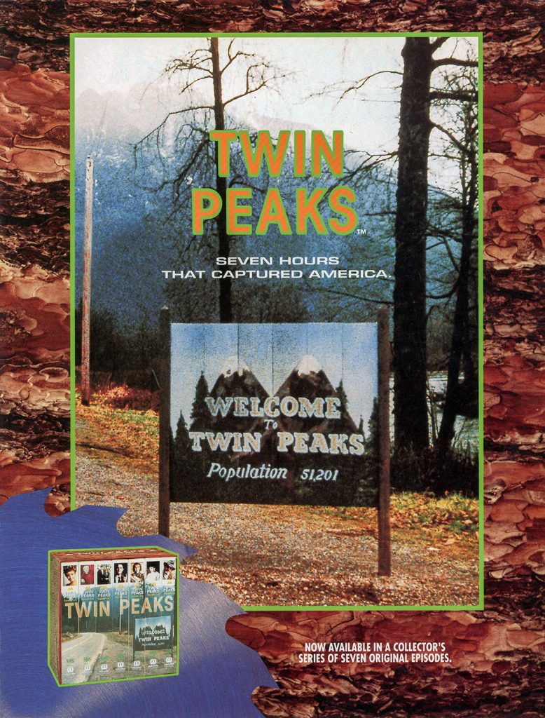 Front of merchandise brochure with Welcome to Twin Peaks sign and VHS set