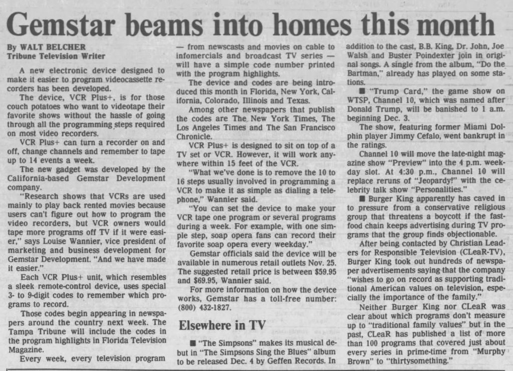 Article in The Tampa Tribune, November 16, 1990