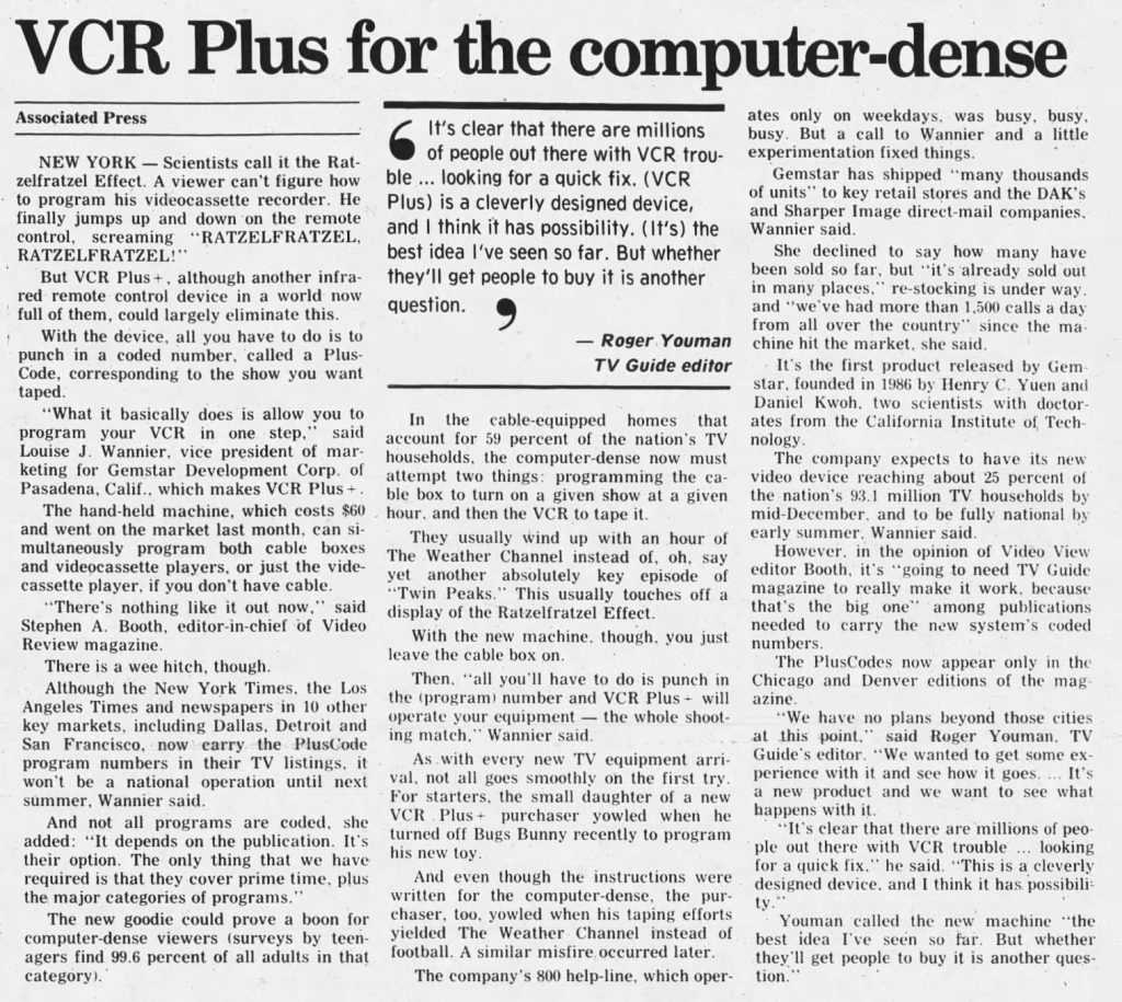 Article about VCR Plus in Kingsport Times News, December 8, 1990