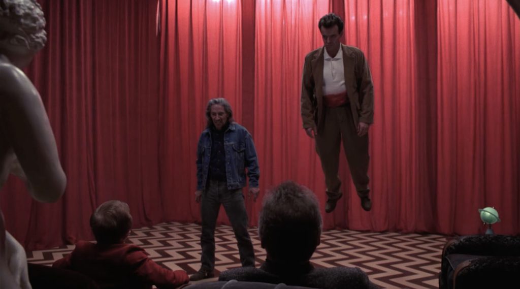 Bob and Leland in front of One-Armed Man and Little Man from Another Place in the Red Room