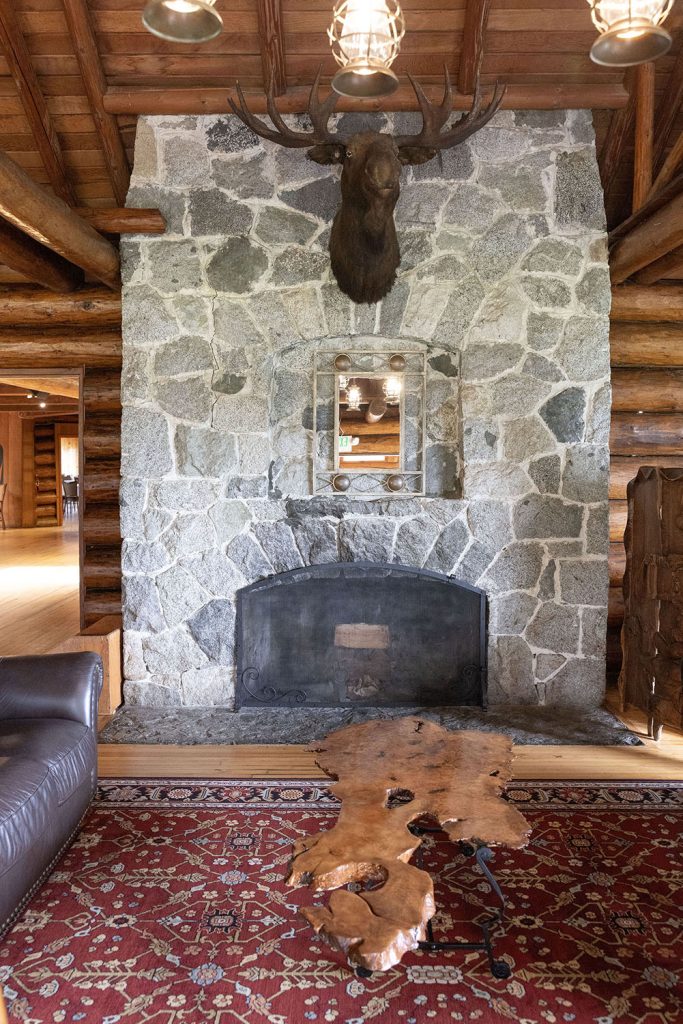 Stone fireplace at Kiana Lodge