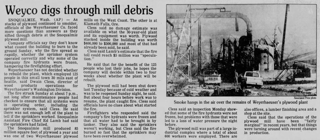 Newspaper article about mill fire