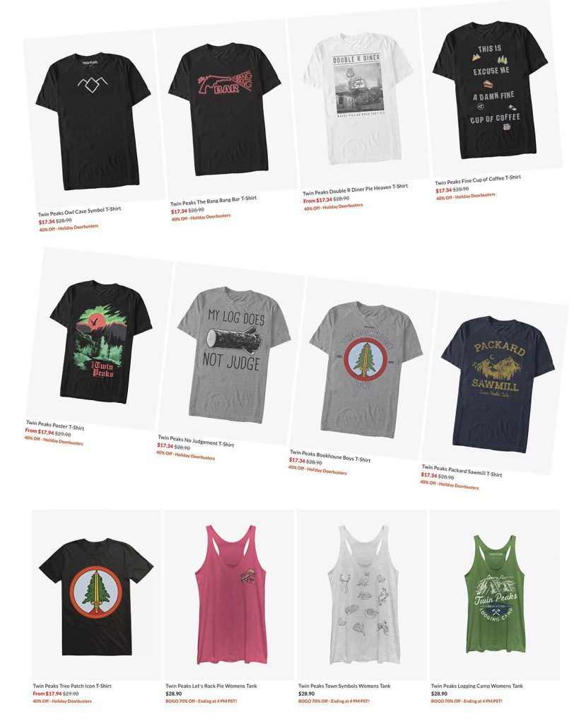 Twin Peaks t-shirts of varying designs