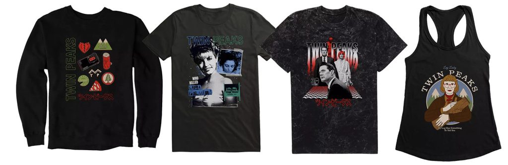 row of shirts with Twin Peaks theme