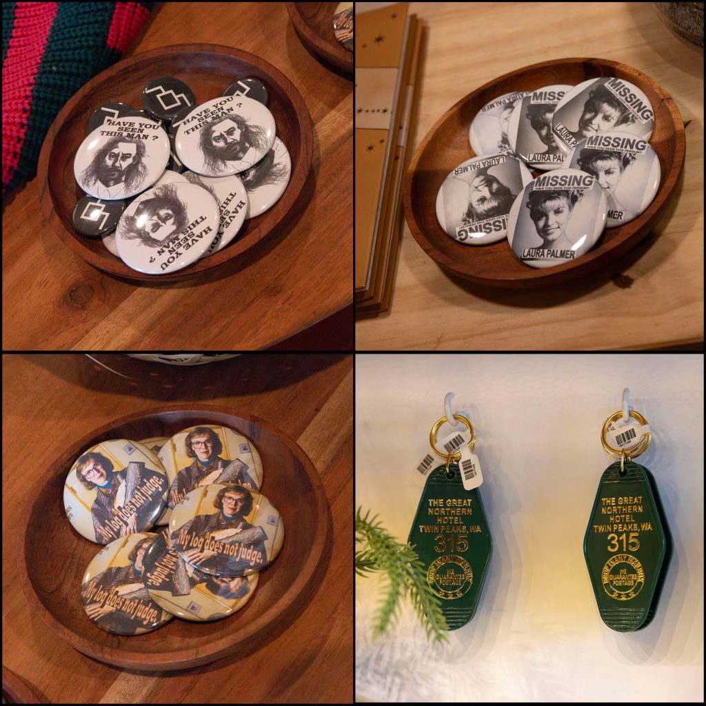 Collage of buttons and a keychain