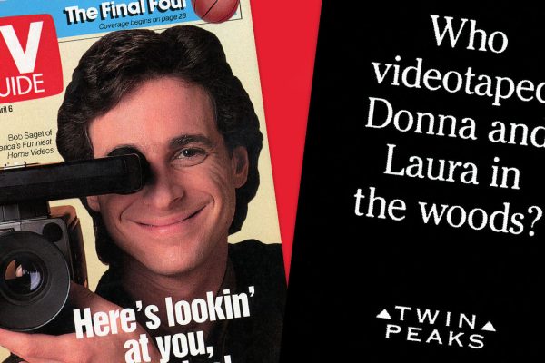 TV Guide cover with Bob Saget holding a video camera and an print ad for Twin Peaks