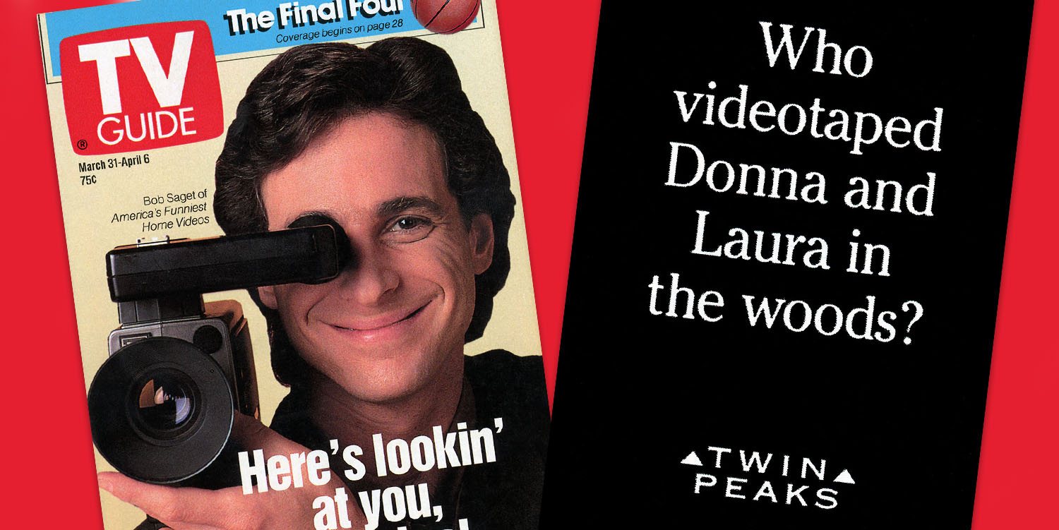 TV Guide cover with Bob Saget holding a video camera and an print ad for Twin Peaks