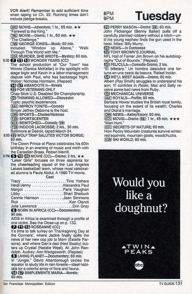 Television listings and and ad for Twin Peaks