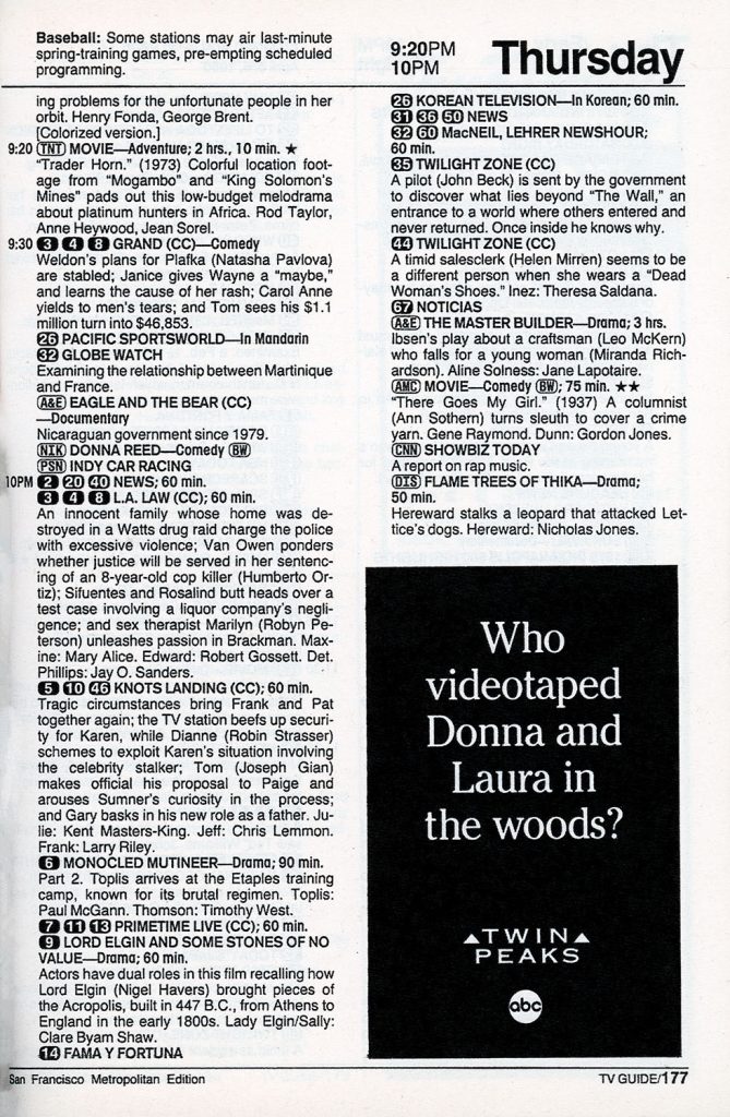 Television listings and and ad for Twin Peaks