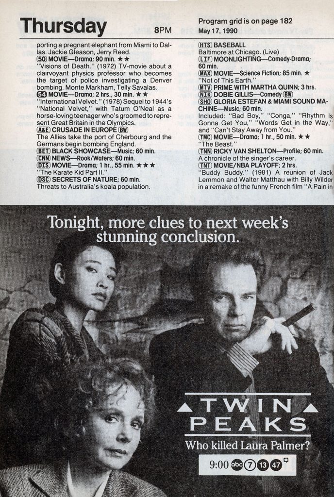 Black and white advertisement for Twin Peaks with Catherine Martell, Josie Packard and Ben Horne.