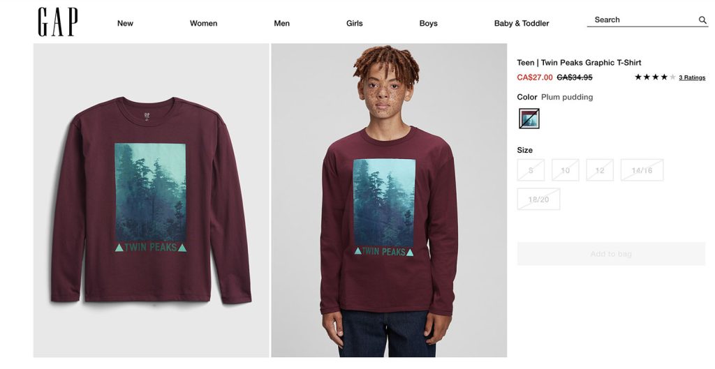 Image of webpage for Twin Peaks t-shirt from GAP Canada