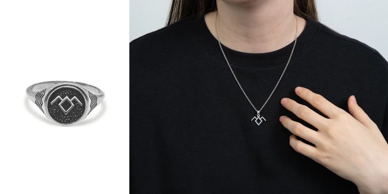 Owl Cave Ring and Model wearing a owl cave symbol necklace