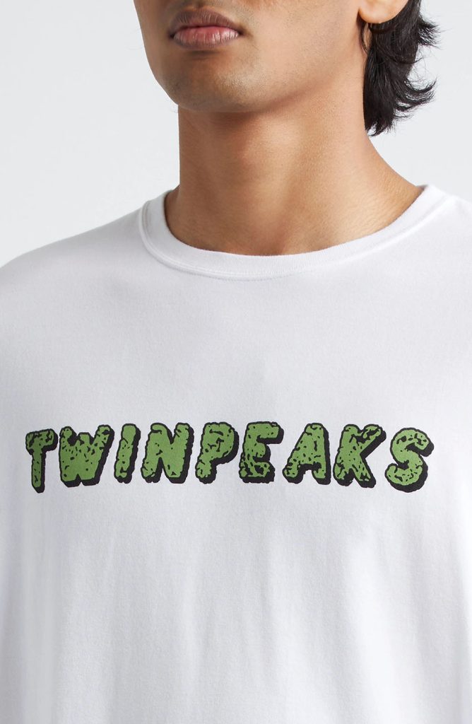 White t-shirt with green "Twin Peaks" logo