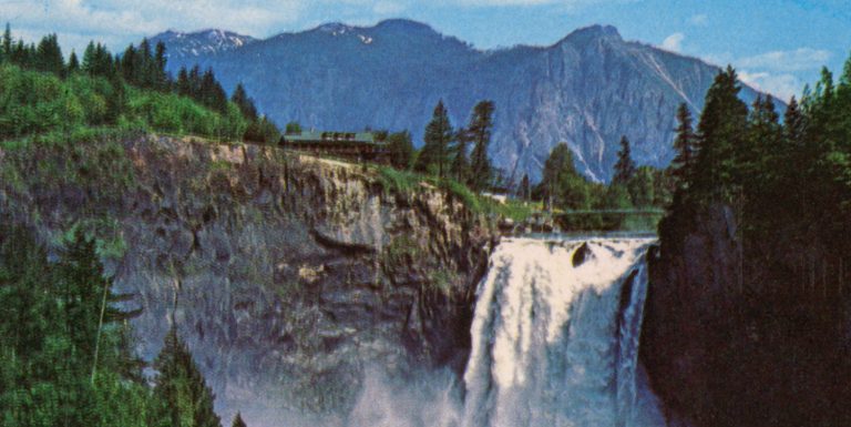 Snoqualmie Falls and Lodge with Mount Si in the background